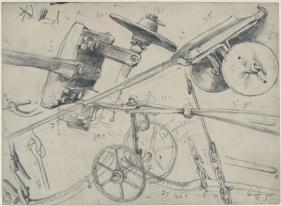 Transportwagen mit Details und Maßangaben. Studie zum „Eisenwalzwerk. Moderne Cyklopen“ von Adolph Menzel