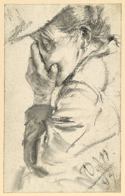 Weinende alte Frau, das Gesicht in die Hand gepresst, Brustbild nach links von Adolph Menzel