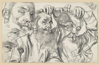 Zwei Studien eines bärtigen Mannes, der mit seiner Linken die Stirn betastet, das Gesicht zweimal wiederholt von Adolph Menzel