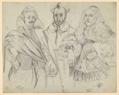 Zwei Würdenträger von 1620 und 1660, in der Mitte ein Kardinal. Nachzeichnungen historischer Darstellungen von Adolph Menzel