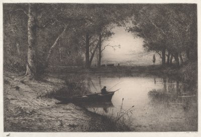 Ein Fischer in einem bewaldeten Teich am Abend von Adolphe Appian