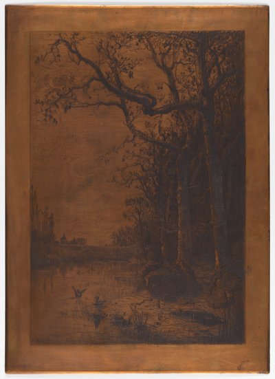 Radierte Kupferplatte "Landschaft mit Enten" von Adolphe Appian von Adolphe Appian