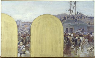 Skizze für das Kabinett des Präfekten des Hôtel de Ville de Paris: Die Rückkehr der Bewohner der Vororte nach Paris: Die Belagerung von Paris 1870, 1895 von Adolphe Gustave Binet