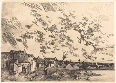 Dorf am Ufer eines Flusses von Adolphe Hervier