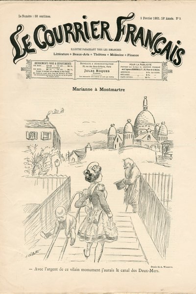 Titelblatt von „Le Courrier français“, Nummer 5, Satirisch in Schwarz-Weiß von Adolphe Leon Willette