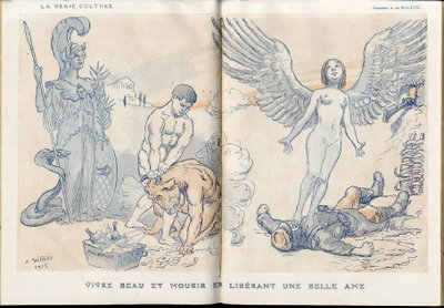 Illustration von Adolphe dit Willette (1857-1926) in „Fantasio“, 01/05/15 - Schön leben und sterben, indem man eine schöne Seele freigibt - Krieg von 14-18, Tote Leichen, Barbarei/Kultur, Marmelade aus Schädeln - Soldaten von Adolphe Leon Willette