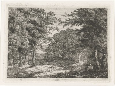 Landschaft mit Kapelle zwischen Bäumen und lesendem Mönch von Adriaan Jacob Willem van Dielen