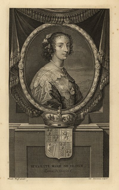 Henrietta Maria von Frankreich, Frau von König Karl I. von England. In Kleid mit Spitzenkragen, Perlenkette. Mit Krone und Wappen. Kupferstich von Charles Simonneau nach Adriaen van der Werff aus Isaac de Larrey