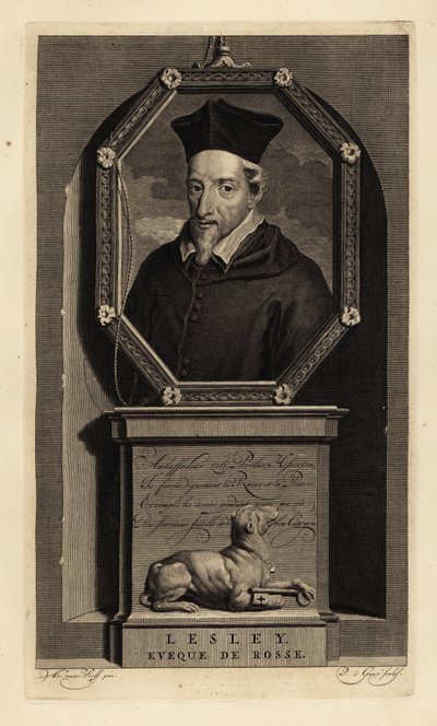 John Lesley, schottischer Historiker und Bischof von Ross. Eveque de Rosse. Hund mit Schlüssel. Kupferstich von Pieter Stevens van Gunst nach Adriaen van der Werff aus Isaac de Larrey’s Histoire d’Angleterre, d’Ecosse et d’Irlande, Amsterdam von Adriaan van der (after) Werff