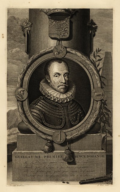 Wilhelm I., Prinz von Oranien, Wilhelm der Schweiger oder Wilhelm der Schweigsame. Guillaume, Premier Prinz d’Orange. In Rüstung mit Spitzenkrause, Wappen oben, Steinschlosspistole und Bleikugeln unten. Kupferstich von Gerard Valck nach Adriaen van von Adriaan van der (after) Werff