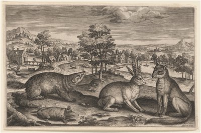 Ein Maulwurf, ein Dachs, ein gehörnter Hase und ein Fuchs von Adriaen Collaert