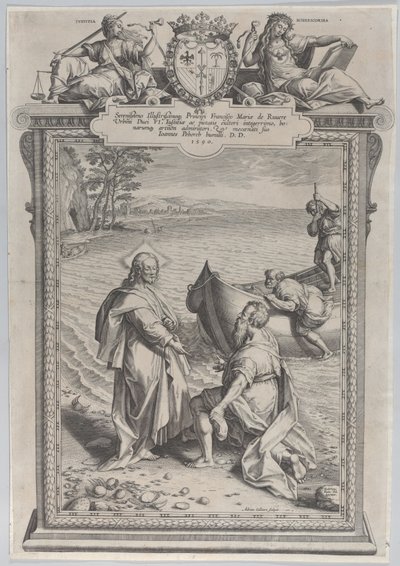 Christus ruft den heiligen Andreas, der vor ihm am Strand kniet, und den heiligen Petrus, der... von Adriaen Collaert