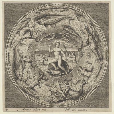 Entwurf für einen Teller mit Galatea auf einer Muschel flankiert von Trompetern in einem Medaillonrand, ca. 1600 von Adriaen Collaert