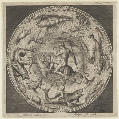 Entwurf für einen Teller mit Neptun in einer von Pferden gezogenen Muschel in einem Medaillon, um 1600 von Adriaen Collaert