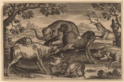 Löwe, Stier, Fuchs, Wolf, Hund, Eber, Ziege, Pferd, Elefant und Hirsch von Adriaen Collaert