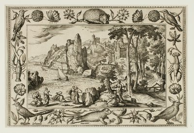 Die Tochter des Pharao findet Moses, aus Landschaften mit alten und neuen Testament-Szenen und Jagdszenen von Adriaen Collaert