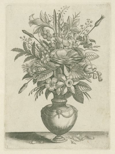 Vase mit Blumen, darunter Trompetennarzissen (Florilegium) von Adriaen Collaert