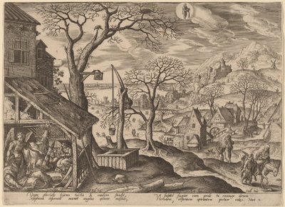 Der Engel sagt Joseph, er solle fliehen und die Flucht nach Ägypten von Adriaen Collaert after Hans Bol