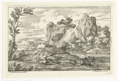 Landschaft mit großem Felsen bei einem Fluss von Adriaen Frans Boudewyns