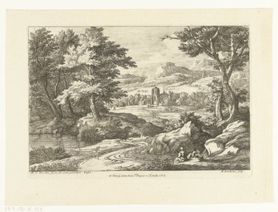 Landschaft mit zwei Figuren entlang eines Weges, in der Ferne eine Kirche von Adriaen Frans Boudewyns