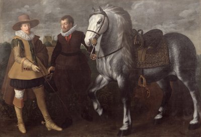 Porträt eines Gentlemans mit seinem Pferd und Diener, 1624 von Adriaen I van Nieulandt