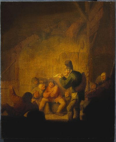 Scheuneninneres mit einem Narren, der seine Gefährten unterhält von Adriaen Jansz. van Ostade