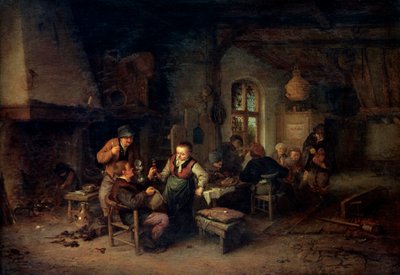 Das Innere eines Gasthauses mit neun Bauern und einem Drehleierspieler, 1653 von Adriaen Jansz. van Ostade