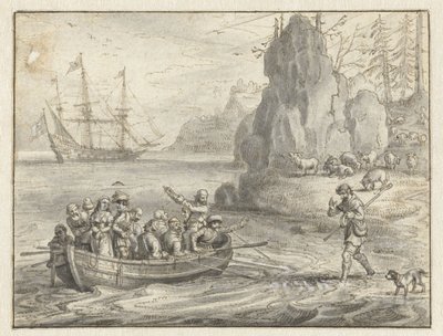Celadon bittet Piraten, ihn mit seiner entführten Frau Galatea mitzunehmen von Adriaen Pietersz van de Venne