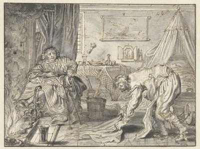 Mann reinigt den Boden, während seine Frau am Herd sitzt von Adriaen Pietersz van de Venne