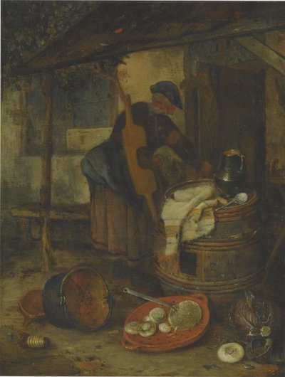 Ein Dienstmädchen an einer Tür mit einem Fass und Gemüse von Adriaen Jansz. van Ostade
