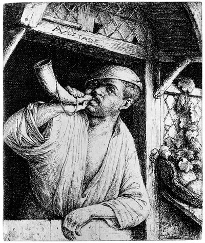 Ein Bäcker bläst sein Horn von Adriaen van Ostade