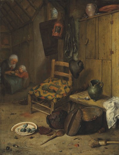 Eine Küchenszene mit Mutter und Kind, das Wappen der Familie Van Doerne auf dem gewebten Kissen von Adriaen van Ostade