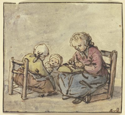 Drei Mädchen, das älteste beim Spitzenklöppeln von Adriaen van Ostade
