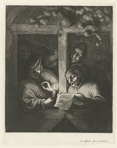 Drei Männer singen bei Kerzenlicht am offenen Fenster von einem Blatt Papier von Adriaen van Ostade