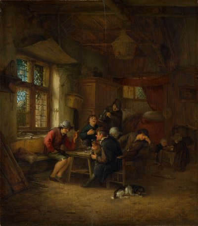 Innenraum einer Taverne mit fünf Bauern und einer Frau von Adriaen van Ostade