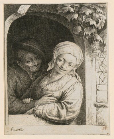 Ländliche Zärtlichkeit - Bauernpaar in Haustür von Adriaen van Ostade