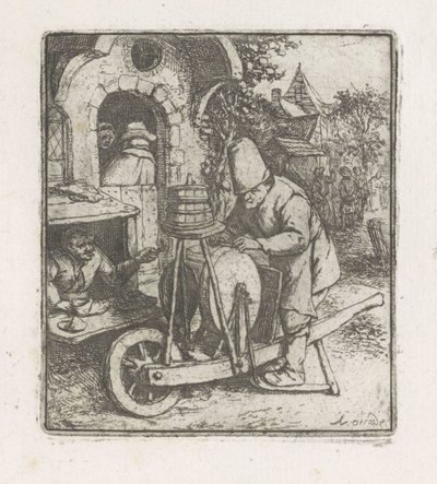 Messerschleifer bei der Arbeit in einer Schuhmacherei von Adriaen van Ostade