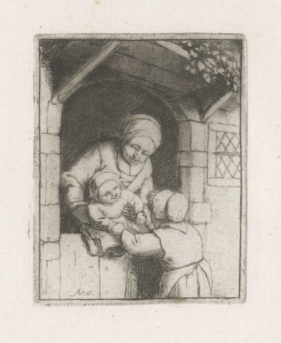Mutter mit zwei Kindern in einer Türöffnung von Adriaen van Ostade