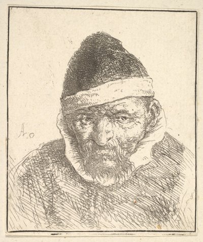 Alter Mann mit weißem Kragen und spitzem Hut von Adriaen van Ostade