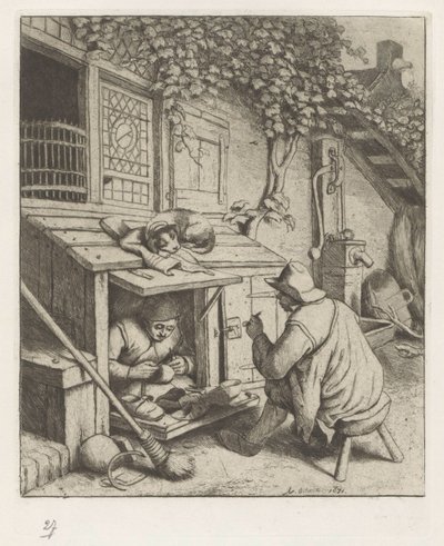Schuster in einem Laden vor seinem Haus und ein Kunde von Adriaen van Ostade