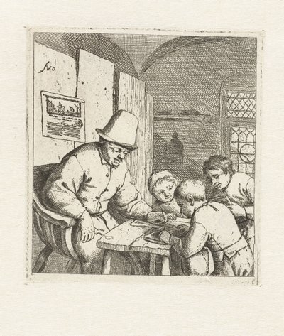 Schulmeister mit drei Schülern am Tisch von Adriaen van Ostade