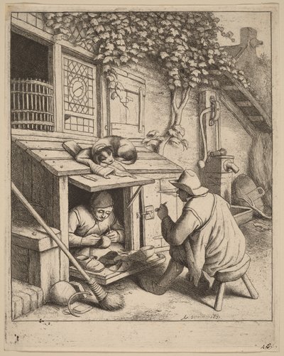 Raucher auf einem Hocker im Gespräch mit einem arbeitenden Schuster von Adriaen van Ostade