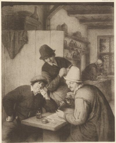 Drei Bauern und eine Frau an einem Tisch von Adriaen van Ostade