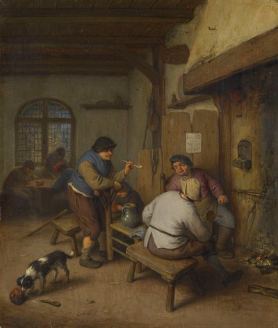 Drei Bauern in einer Taverne, um ein Feuer von Adriaen van Ostade