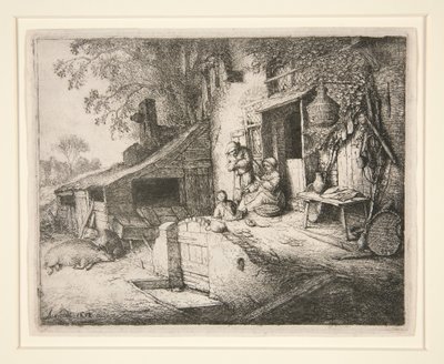 Frau, die an einer Hüttentür spinnt von Adriaen van Ostade