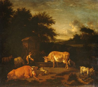 Hirtin und ein Treiber mit ihren Herden an einem klassischen Brunnen in einer bewaldeten Landschaft von Adriaen van de Velde