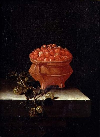 Erdbeeren und Stachelbeeren auf einem Steinsims von Adrian Coorte