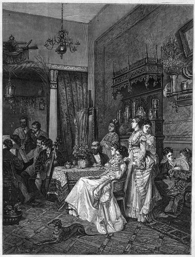 Amateurkonzert in einem Künstleratelier. Gravur nach dem Gemälde von Adrien Moreau in „Das illustre Universum“ von Adrien (after) Moreau