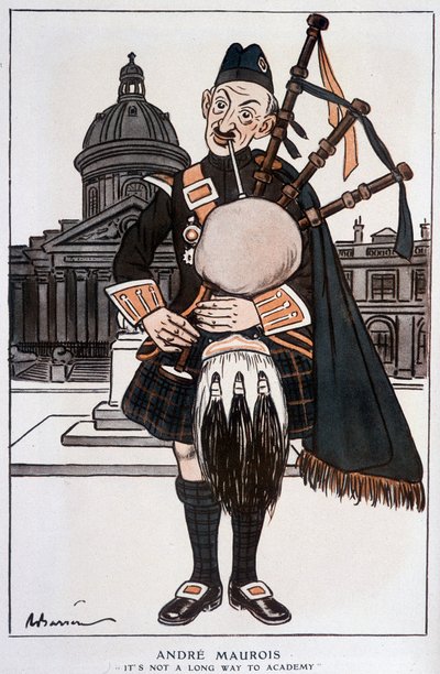 Karikatur in Academician von André Maurois (Pseudonym von Emile Herzog), französischer Romanautor, Essayist und Historiker (1885-1967) - von Barrère, in „Fantasio“ vom 15.04.1929 von Adrien Barrere