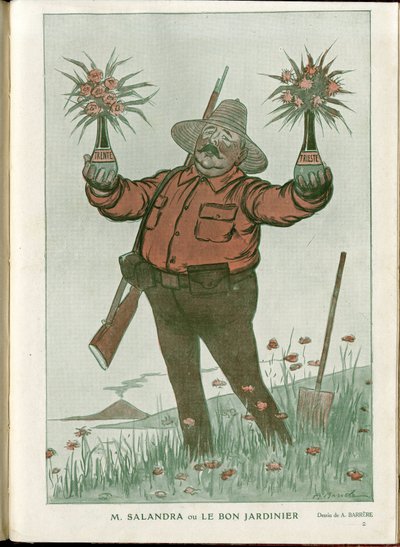 Illustration von A Barrere (1874-1931) in „Fantasio“, 01/06/15 - Herr Salandra oder der gute Gärtner - Krieg von 14-18, Italien, Wein, Neutralität, Blumen, Vulkanausbrüche, Vorsitzender des Rates, Triest - Salandra Antonio von Adrien Barrere